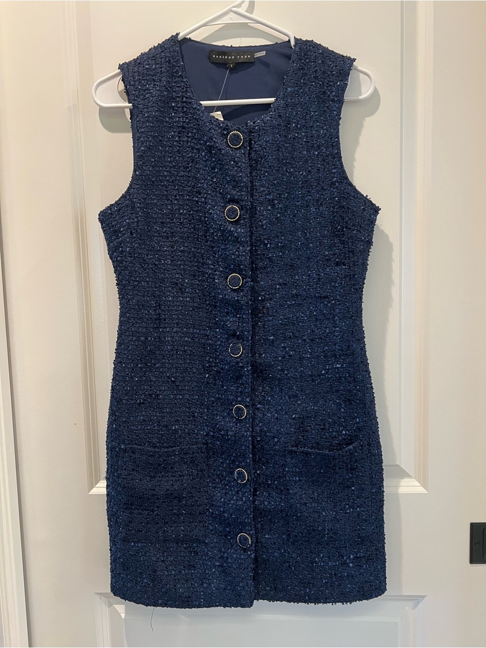 Endless Rose Sleeveless Navy Tweed Button-Front Dress